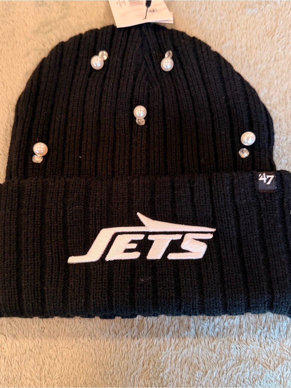 47 Brand NY Jets Women’s Claudette Cuff Knit Beanie Black Pearl Rhinestone NWT